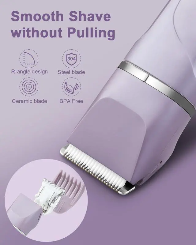 Alt view image 2 of 7 - AREYZIN Bikini Trimmer for Women Painless Electric Razor for Women,3 in 1 Pubic Hair Trimmer for Women,USB Recharge Dock,Replaceable Ceramic Blade Heads,IPX7,Personal Shaver Kits,Purple