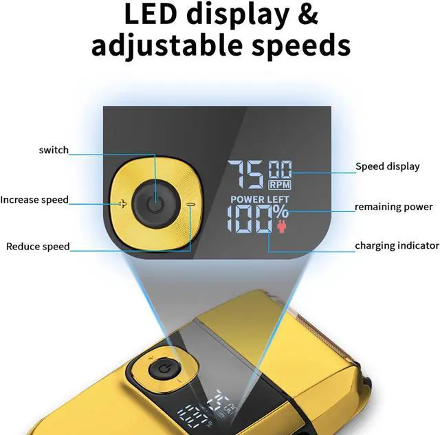 Alt view image 2 of 6 - DSP® Bald Shaver for Men Shavers for Men 2 in1 Barber Shaver with Precision Trimmer 3-Speed Electric Razor with LED Digital Display Stainless Steel (Gold)