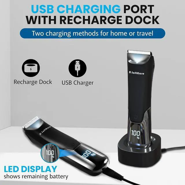 Alt view image 4 of 6 - SoftKare Groin Hair Trimmer for Men - Safe Ball Shaver, Replaceable Ceramic Blade Heads & Charging Base, Electric Body Groomer with Light Power Display, Waterproof Wet / Dry Use Male Razor Black