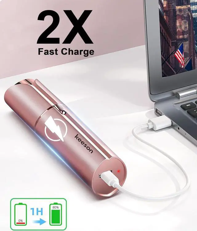 Alt view image 4 of 7 - Facial Hair Removal for Women, Painless Womens Facial Hair Remover with 2 Replacement Heads, Lipstick-Sized, USB Rechargeable, Facial Hair Remover for Upper Lip,Chin,Peach Fuzz,Mustache (Pink)