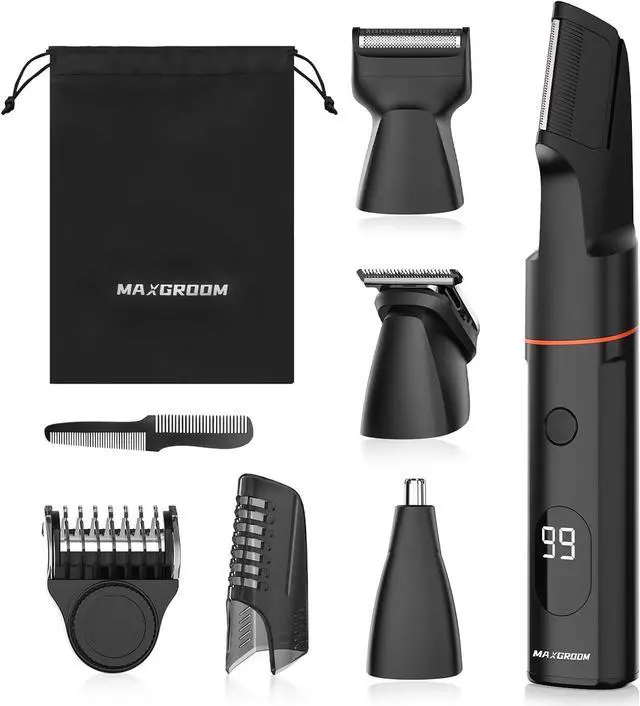 Main image of 4 in 1 Groin & Body Hair Trimmer for Men, Waterproof Ball Hair Trimmer, Electric Intimate Shaver for Men with Adjustable Limit Comb, 4 Interchangeable Trimming Heads & Travel Pouch(Black)