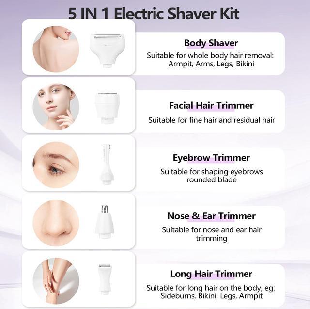 Alt view image 2 of 7 - Electric Razors for Women, 5 in 1 Electric Shaver Razor Women Painless Facial Hair Remover, Rechargeable Bikini Trimmer for Women Wet/Dry Face Razors for Face Nose Eyebrow Arm Armpit Legs Pubic