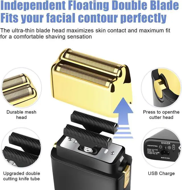Alt view image 3 of 6 - Foil Shaver for Men Barber, Double Electric Foil Trimmer, Professional Electric Razor, Close Shaver, Cordless Rechargeable with USB, Black Gold