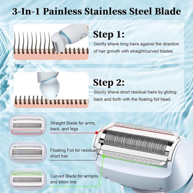 Alt view image 2 of 7 - Electric Shaver Razors for Women 2-IN-1 Electric Razor for Womens Legs Underarm Face Pubic Hairs,Wet Dry Use Rechargeable Bikini Trimmer Hair Removal with Detachable Head,Painless IPX7 Waterproof Blue