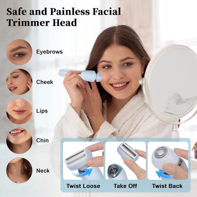 Alt view image 4 of 7 - Electric Shaver Razors for Women 2-IN-1 Electric Razor for Womens Legs Underarm Face Pubic Hairs,Wet Dry Use Rechargeable Bikini Trimmer Hair Removal with Detachable Head,Painless IPX7 Waterproof Blue