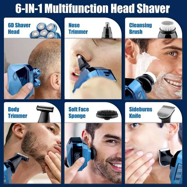 Alt view image 2 of 6 - Head Shavers for Bald Men, 2024 Upgrade Bald Head Shaver for Men, 6-in-1 Grooming Kit with Nose Hair Trimmer, Beard Trimmer for Men, Waterproof and Rechargeable Electric Shavers for Men