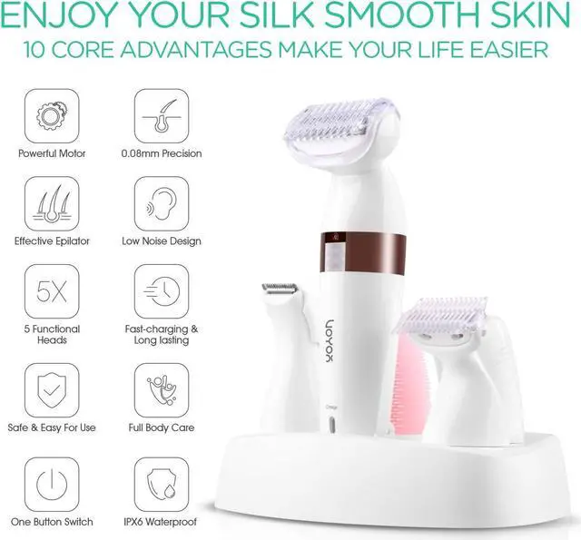 Alt view image 2 of 7 - VOYOR Electric Shaver for Women Bikini Trimmer Hair Remover for Face Body, 5 in 1 Groomer Kit Lady Shaver Bikini Razor Women for Hair Trimmer, Cordless Rechargeable Waterproof ES500