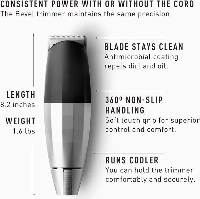 Alt view image 4 of 7 - Bevel Beard Trimmer for Men - Cordless Trimmer, 6 Hour Rechargeable Battery Life, Tool Free Adjustable Zero Gapped Blade, Barber Supplies, Mustache Trimmer, Silver