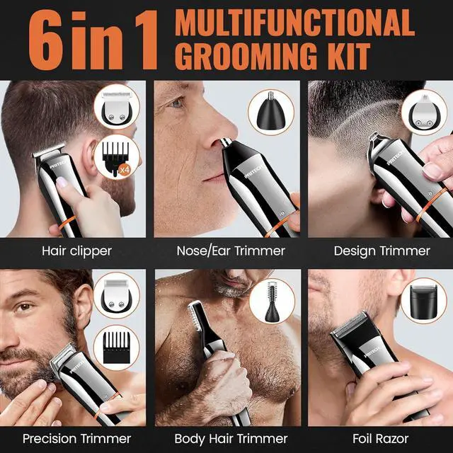 Alt view image 2 of 6 - PRITECH Beard Trimmer for Men, 6 in 1 Beard Trimmer Kit, Electric Beard Trimmer with Hair, Precision, Body, Nose, Foil Razor, Grooming Kit Waterproof IPX6 (Silver)