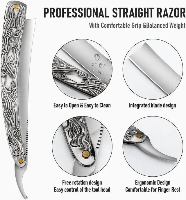 Alt view image 4 of 7 - Professional Straight Razor with First Layer Cowhide Strop - Straight Edge Barber Razor Premium Stainless Steel Shaver Razor for Men Home & Salon Grooming Using