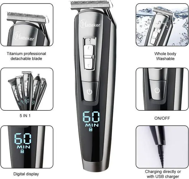 Alt view image 3 of 6 - Hatteker Hair Clipper Beard Trimmer Kit for Men Cordless Hair Mustache Trimmer Hair Cutting Groomer Kit Precision Trimmer Waterproof USB Rechargeable 5 in 1