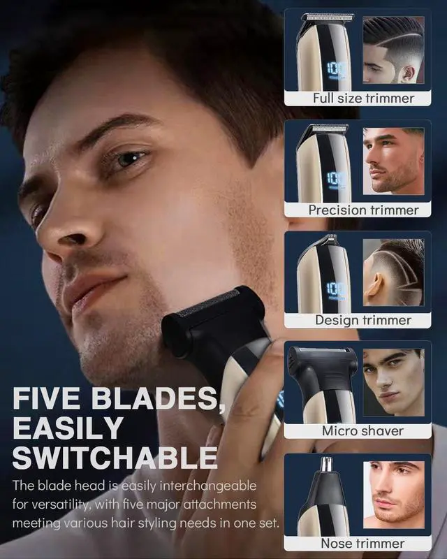 Alt view image 3 of 7 - Beard Trimmer for Men - 5 in 1 Kit Electric Razor, Nose Hair Trimmer with LED Display, Cordless Mustache Body Face Grooming Kit, Rechargeable Beard Shaver (Gold)