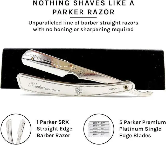 Alt view image 7 of 7 - Parker SRX 100% Stainless Steel Straight Edge Professional Barber Razor & 5 Parker Premium Half Blades