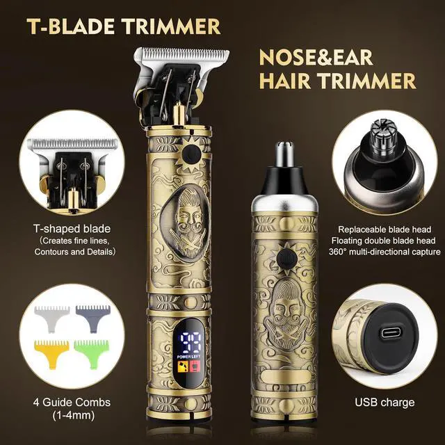 Alt view image 4 of 6 - Professional Hair Clippers for Men,Hair Clippers+T-Blade Trimmer+Electric Shaver+Nose Hair Trimmer Set,4 in 1 Cordless Barber Hair Cutting Kit LCD Display Gifts (Gold)