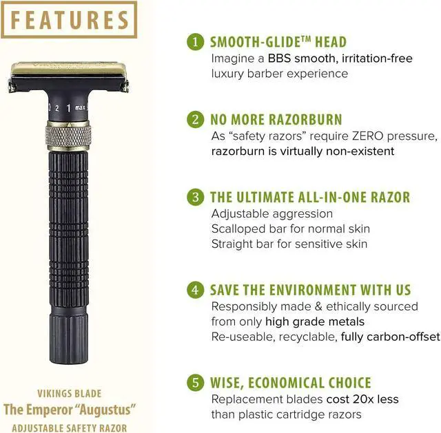 Alt view image 2 of 6 - VIKINGS BLADE Adjustable Double Edge Safety Razor + Luxury Case. Smooth, Reusable, Eco-Friendly (The Emperor Augustus)