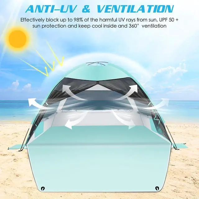 Alt view image 2 of 6 - Large Easy Setup Beach Tent,Anti-UV Beach Shade Beach Canopy Tent Sun Shade with Extended Floor & 3 Mesh Roll Up Windows Fits 3-4 Person,Portable Shade Tent for Outdoor Camping Fishing (Mint Green)