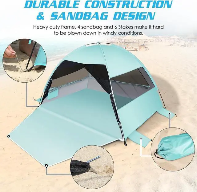 Alt view image 3 of 6 - Large Easy Setup Beach Tent,Anti-UV Beach Shade Beach Canopy Tent Sun Shade with Extended Floor & 3 Mesh Roll Up Windows Fits 3-4 Person,Portable Shade Tent for Outdoor Camping Fishing (Mint Green)