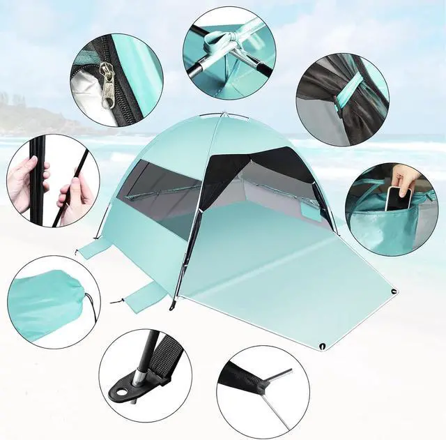 Alt view image 4 of 6 - Large Easy Setup Beach Tent,Anti-UV Beach Shade Beach Canopy Tent Sun Shade with Extended Floor & 3 Mesh Roll Up Windows Fits 3-4 Person,Portable Shade Tent for Outdoor Camping Fishing (Mint Green)