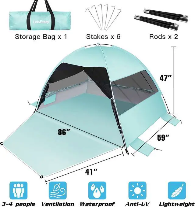 Alt view image 5 of 6 - Large Easy Setup Beach Tent,Anti-UV Beach Shade Beach Canopy Tent Sun Shade with Extended Floor & 3 Mesh Roll Up Windows Fits 3-4 Person,Portable Shade Tent for Outdoor Camping Fishing (Mint Green)