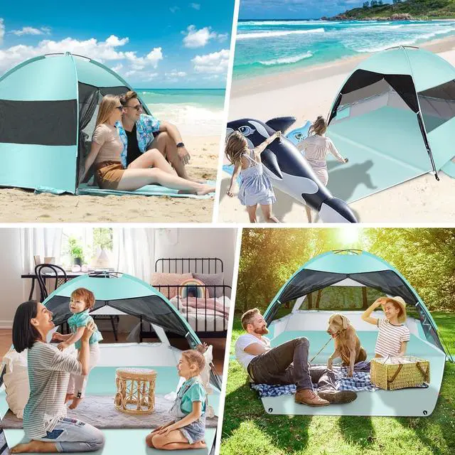 Alt view image 6 of 6 - Large Easy Setup Beach Tent,Anti-UV Beach Shade Beach Canopy Tent Sun Shade with Extended Floor & 3 Mesh Roll Up Windows Fits 3-4 Person,Portable Shade Tent for Outdoor Camping Fishing (Mint Green)