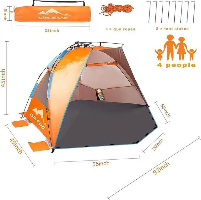 Alt view image 2 of 7 - Oileus X-Large 4 Person Beach Tent Sun Shelter - Portable Sun Shade Instant Tent for Beach with Carrying Bag, Stakes, 6 Sand Pockets, Anti UV for Fishing Hiking Camping, Waterproof Windproof, Orange