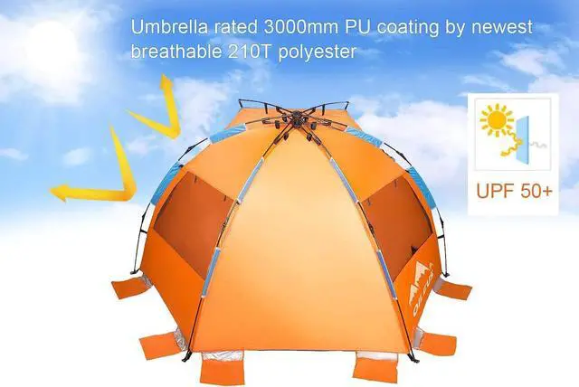 Alt view image 4 of 7 - Oileus X-Large 4 Person Beach Tent Sun Shelter - Portable Sun Shade Instant Tent for Beach with Carrying Bag, Stakes, 6 Sand Pockets, Anti UV for Fishing Hiking Camping, Waterproof Windproof, Orange