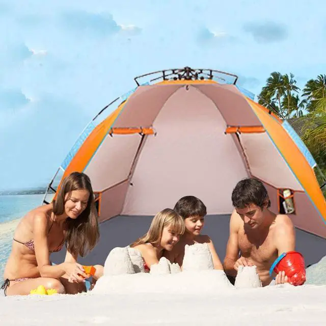 Alt view image 5 of 7 - Oileus X-Large 4 Person Beach Tent Sun Shelter - Portable Sun Shade Instant Tent for Beach with Carrying Bag, Stakes, 6 Sand Pockets, Anti UV for Fishing Hiking Camping, Waterproof Windproof, Orange