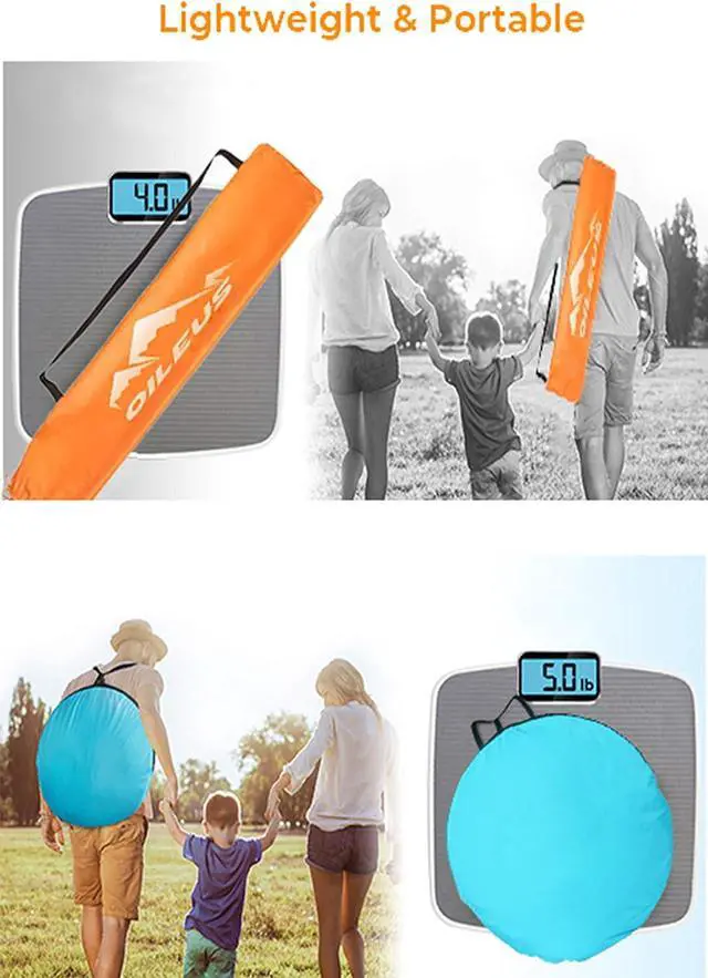 Alt view image 7 of 7 - Oileus X-Large 4 Person Beach Tent Sun Shelter - Portable Sun Shade Instant Tent for Beach with Carrying Bag, Stakes, 6 Sand Pockets, Anti UV for Fishing Hiking Camping, Waterproof Windproof, Orange