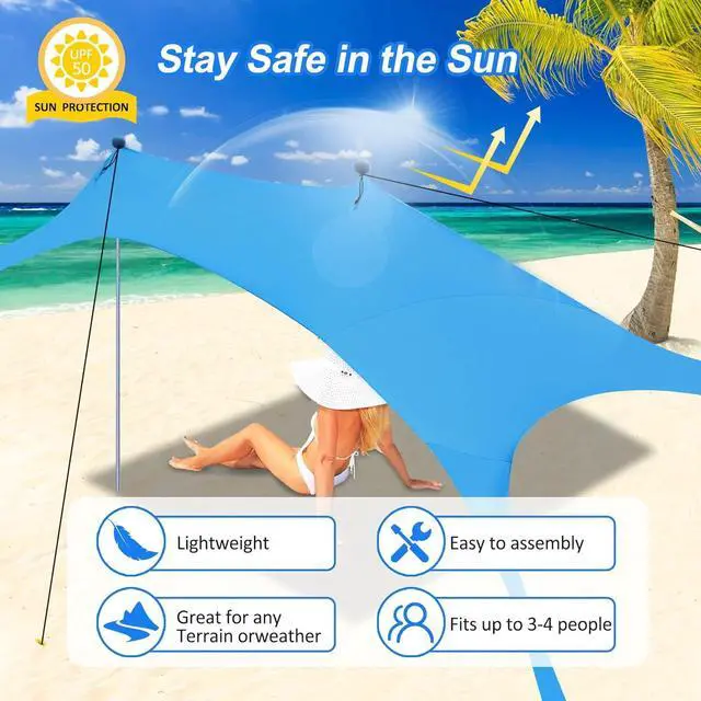 Alt view image 2 of 7 - Beach Canopy Tent Sun Shade with UPF 50+ UV Protection, Beach Tent Sun Shelter with Sandbags, Poles and Ground Pegs and Anti-Wind Ropes for Outdoor, Camping, Backyard and Picnics