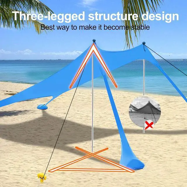 Alt view image 3 of 7 - Beach Canopy Tent Sun Shade with UPF 50+ UV Protection, Beach Tent Sun Shelter with Sandbags, Poles and Ground Pegs and Anti-Wind Ropes for Outdoor, Camping, Backyard and Picnics