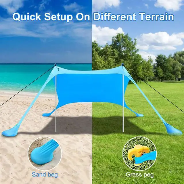 Alt view image 5 of 7 - Beach Canopy Tent Sun Shade with UPF 50+ UV Protection, Beach Tent Sun Shelter with Sandbags, Poles and Ground Pegs and Anti-Wind Ropes for Outdoor, Camping, Backyard and Picnics