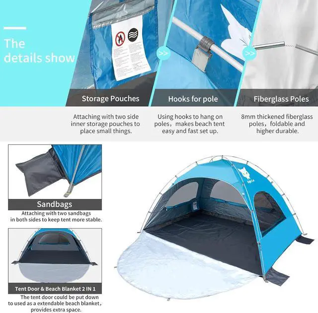 Alt view image 5 of 7 - Night Cat Beach Tent Portable Camping Sun Shade Shelter for 2-4 Persons with UV Protection 3 Breathable Mesh Windows Extended Tent Floor Easy Set Up Outdoor