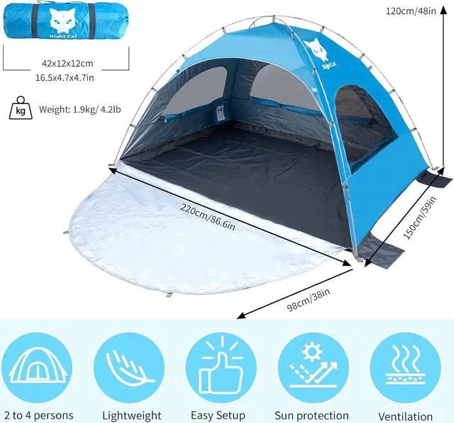 Alt view image 6 of 7 - Night Cat Beach Tent Portable Camping Sun Shade Shelter for 2-4 Persons with UV Protection 3 Breathable Mesh Windows Extended Tent Floor Easy Set Up Outdoor