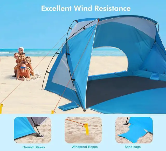 Alt view image 4 of 7 - Beach Tent,Beach Canopy Shade Tent with UPF 50+UV Protection for 3-4 Person, Waterproof Portable Easy Setup Beach Sun Shelter Tent for Outdoor Adventures, Camping, and Picnics with Carrying Bag