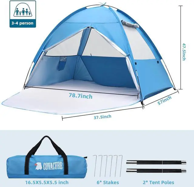 Alt view image 7 of 7 - COVACURE Beach Tent Sun Shelter - Large Easy Setup Beach Tent, UPF 50+ UV Waterproof Lightweight Beach Shade Tent for 3-4 Person, Outdoor Tent for Beach, Camping, Fishing