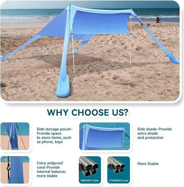 Alt view image 3 of 7 - FBSPORT Beach Tent Sun Shelter, Portable Beach Shade Canopy UPF50+ with Sandbags for Outdoor Family Camping, Fishing, Backyard Fun, Picnic, 7 x 7ft