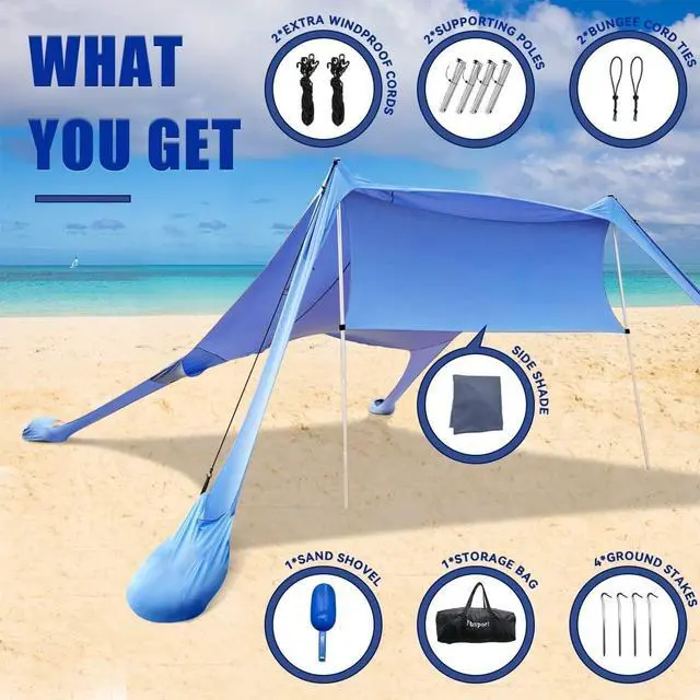 Alt view image 5 of 7 - FBSPORT Beach Tent Sun Shelter, Portable Beach Shade Canopy UPF50+ with Sandbags for Outdoor Family Camping, Fishing, Backyard Fun, Picnic, 7 x 7ft