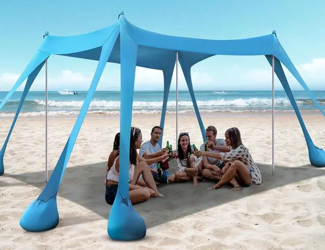 Main image of Beach Tent, Beach Canopy UPF50+ UV Protection, 10x10ft Beach Shade Sun Shelter with 8 Sandbags, Sand Shovels, Ground Pegs, Stability Poles for Camping, Fishing, Picnics, Backyard Fun, Sky Blue