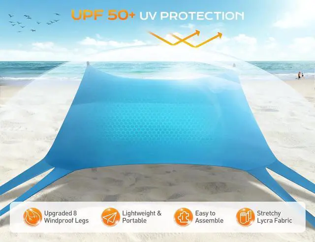 Alt view image 2 of 7 - Beach Tent, Beach Canopy UPF50+ UV Protection, 10x10ft Beach Shade Sun Shelter with 8 Sandbags, Sand Shovels, Ground Pegs, Stability Poles for Camping, Fishing, Picnics, Backyard Fun, Sky Blue