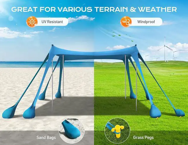 Alt view image 4 of 7 - Beach Tent, Beach Canopy UPF50+ UV Protection, 10x10ft Beach Shade Sun Shelter with 8 Sandbags, Sand Shovels, Ground Pegs, Stability Poles for Camping, Fishing, Picnics, Backyard Fun, Sky Blue