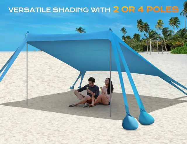 Alt view image 6 of 7 - Beach Tent, Beach Canopy UPF50+ UV Protection, 10x10ft Beach Shade Sun Shelter with 8 Sandbags, Sand Shovels, Ground Pegs, Stability Poles for Camping, Fishing, Picnics, Backyard Fun, Sky Blue