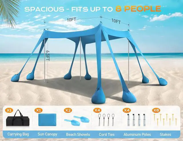 Alt view image 7 of 7 - Beach Tent, Beach Canopy UPF50+ UV Protection, 10x10ft Beach Shade Sun Shelter with 8 Sandbags, Sand Shovels, Ground Pegs, Stability Poles for Camping, Fishing, Picnics, Backyard Fun, Sky Blue