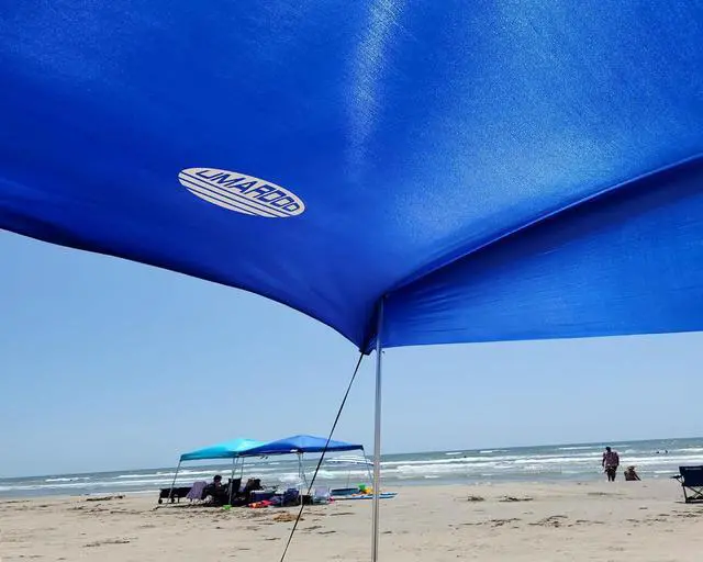 Alt view image 4 of 7 - UMARDOO Family Beach Tent Canopy Sun Shade Portable 10×10FT, Large Wind Resistance Beach Sun Shelter Easy Setup with Packable Carry Bag for Outdoor Travel UPF 50+ (Blue)