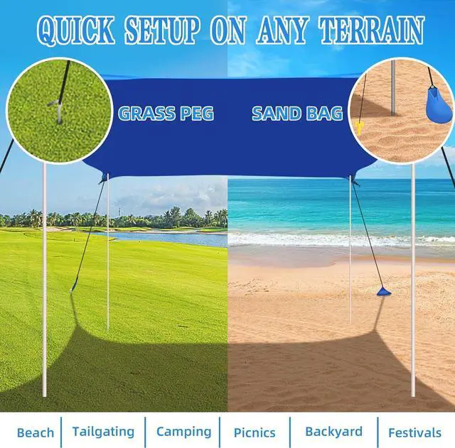 Alt view image 5 of 7 - UMARDOO Family Beach Tent Canopy Sun Shade Portable 10×10FT, Large Wind Resistance Beach Sun Shelter Easy Setup with Packable Carry Bag for Outdoor Travel UPF 50+ (Blue)