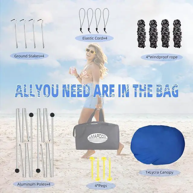 Alt view image 7 of 7 - UMARDOO Family Beach Tent Canopy Sun Shade Portable 10×10FT, Large Wind Resistance Beach Sun Shelter Easy Setup with Packable Carry Bag for Outdoor Travel UPF 50+ (Blue)