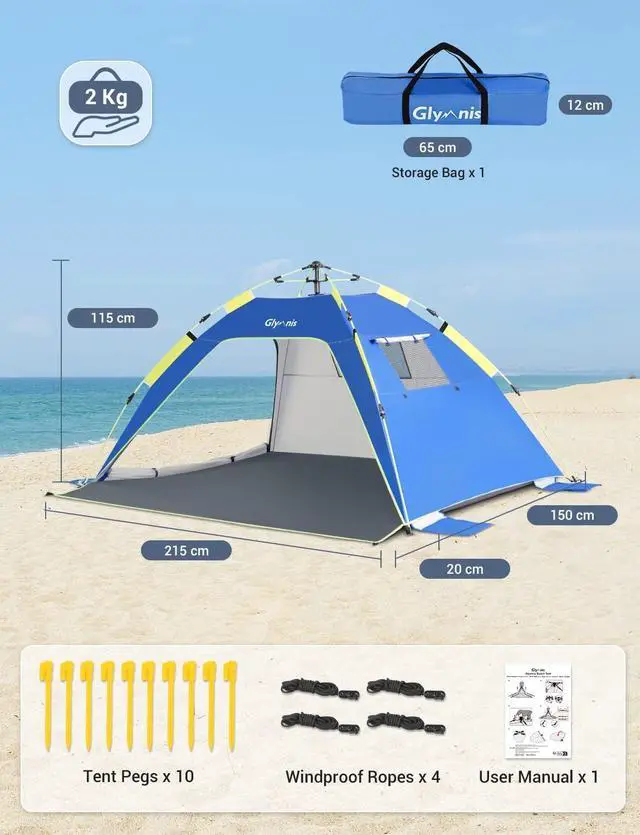 Alt view image 2 of 7 - Glymnis Pop Up Beach Tent Sun Shade Shelter for 4 Person with UPF 50+ Easy Setup, 3 Ventilation Windows, Extended Floor Family Instant Beach Tent