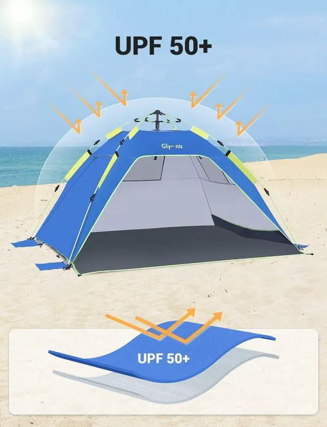 Alt view image 3 of 7 - Glymnis Pop Up Beach Tent Sun Shade Shelter for 4 Person with UPF 50+ Easy Setup, 3 Ventilation Windows, Extended Floor Family Instant Beach Tent