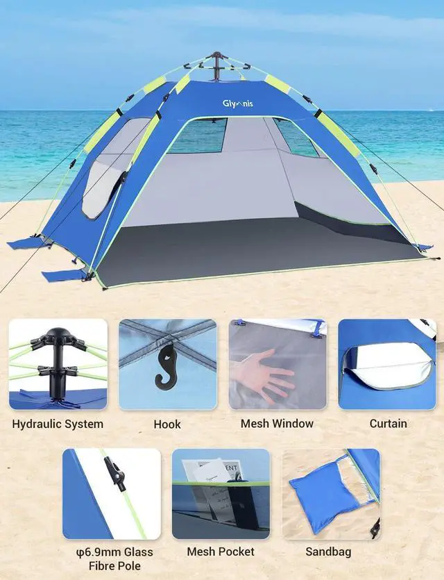 Alt view image 4 of 7 - Glymnis Pop Up Beach Tent Sun Shade Shelter for 4 Person with UPF 50+ Easy Setup, 3 Ventilation Windows, Extended Floor Family Instant Beach Tent