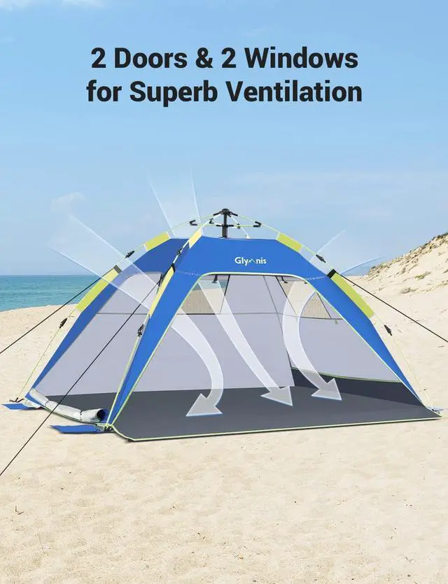 Alt view image 5 of 7 - Glymnis Pop Up Beach Tent Sun Shade Shelter for 4 Person with UPF 50+ Easy Setup, 3 Ventilation Windows, Extended Floor Family Instant Beach Tent