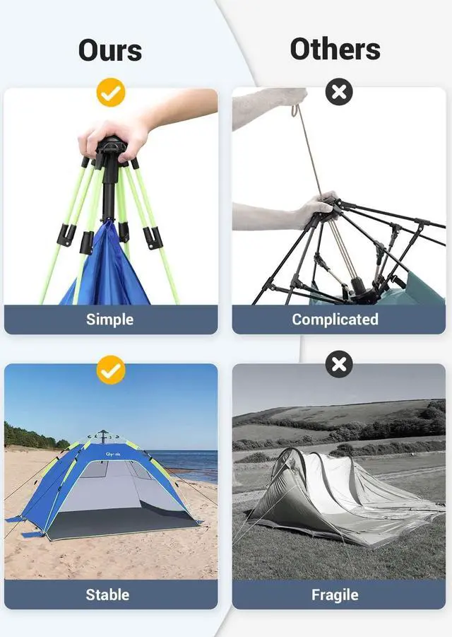 Alt view image 6 of 7 - Glymnis Pop Up Beach Tent Sun Shade Shelter for 4 Person with UPF 50+ Easy Setup, 3 Ventilation Windows, Extended Floor Family Instant Beach Tent